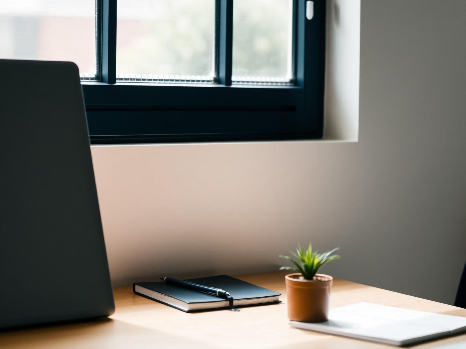 A calm, bright workspace with a notebook and plant, representing focused ADHD coaching sessions
